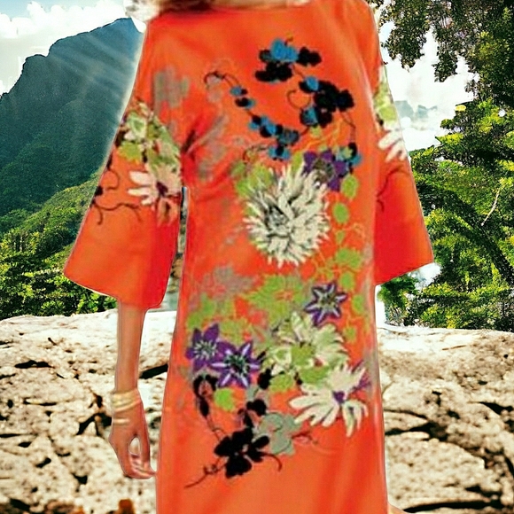 Polynesian Floral Shift Soft Suroundings Asain Vibe Satiny Bold Dress - Picture 12 of 12